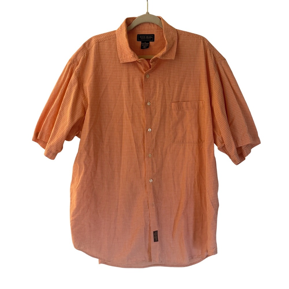 Duck Head Mens XL Orange White Gingham Plaid Short Sleeve Cotton Button Down
